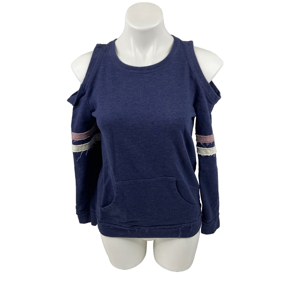 Joei & I Women Medium Blue Jersey Sweatshirt Cold Shoulder Stripe Tattered